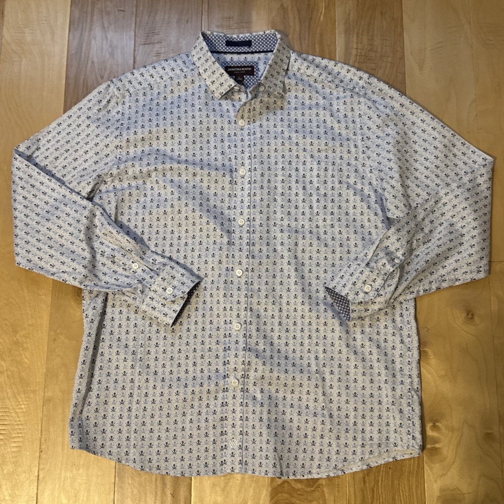 Johnston & Murphy Skull Print Button Up Shirt Mens L White Blue Pirate Cotton